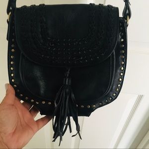 Sasha+Sofi black studded cross body purse, fringe